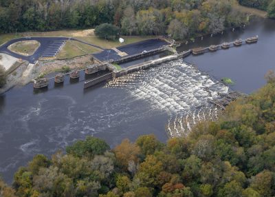 An aerial view of the rock arch rapids at Lock and Dam No. 1. Photo: Alan Cradick