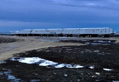 The tundra lodge looks like an overgrown train with five cars. Photo: Sam Bland