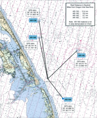 Currently, there are four artificial reefs in waters north of Cape Hatteras. Map: Division of Marine Fisheries