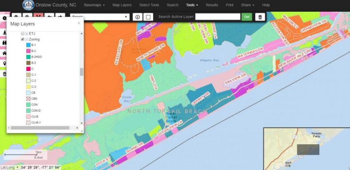 North Topsail Beach officials are considering a plan that strikes a ban on rezoning lands in conservation district areas, shown as CON and CON-D on the Onslow County GIS map.