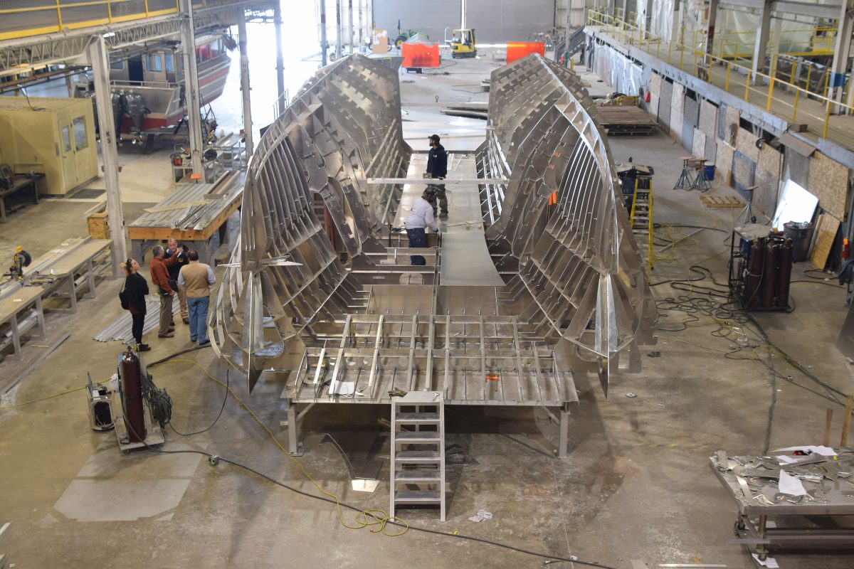 Ocracoke Express passenger ferry is shown under construction in February 2018 at the US Workboats boatbuilding facility near Swansboro. Photo: Mark Hibbs