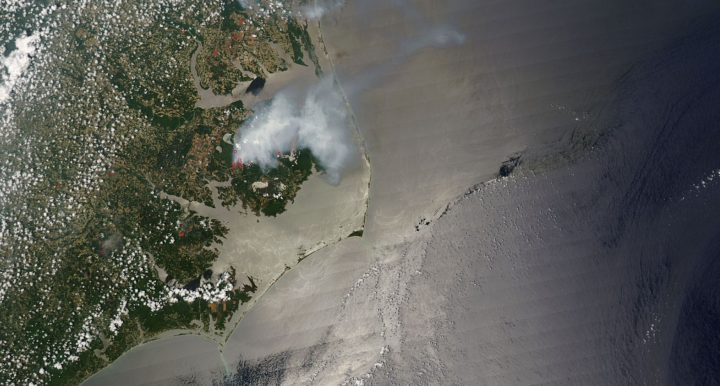 Smoke from the Evans Road Fire in the Pocosin National Wildlife Refuge is visible in this June 2008 satellite image. Photo: NASA