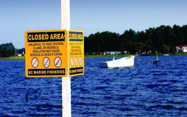 The Division of Marine Fisheries posts signs like these at areas closed to shellfishing. File photo