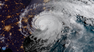 Hurricane Florence makes landfall near Wrightsville Beach at 7:15 a.m. Sept. 14, 2018, as a Category 1 storm. The GOES East satellite captured this geocolor image of the massive storm at 7:45 a.m. ET, shortly after it moved ashore. Photo: NOAA
