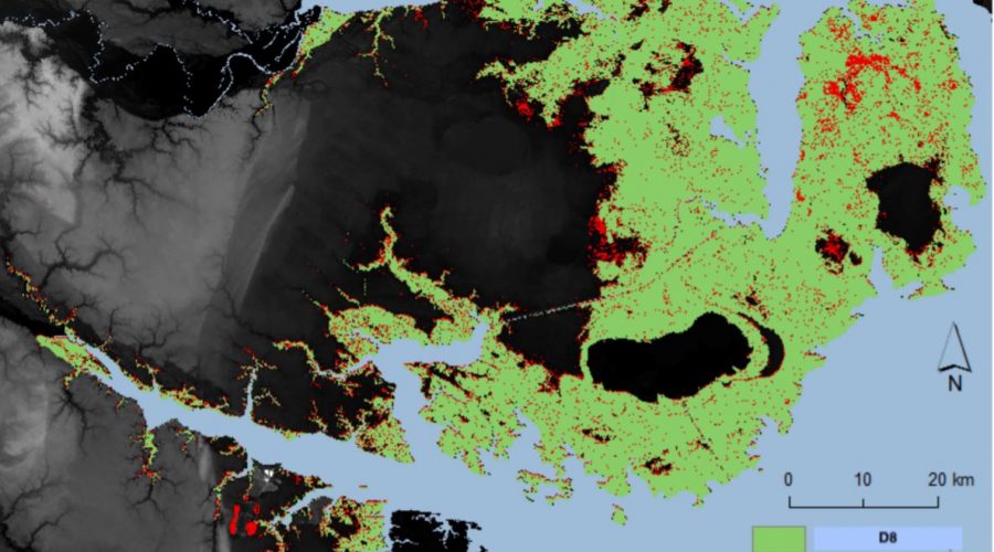 Land area inundated in the Albemarle-Pamlico Peninsula in two scenarios, red and green, depicting less than 100 centimeters, or about 39 inches of sea level rise. Image: U.S. Forest Service