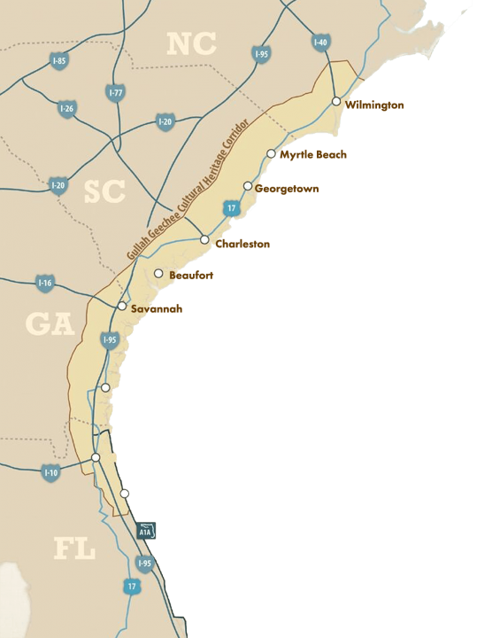 The Gullah Geechee Cultural Heritage Corridor is a 12,000 square mile, federal National Heritage Area designated by the U.S. Congress to recognize the unique culture of the Gullah Geechee people who have traditionally resided in the coastal areas and the sea islands of North Carolina, South Carolina, Georgia and Florida. Map: Gullah Geechee Cultural Heritage Corridor