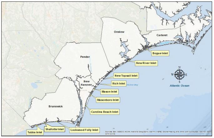Study area includes Tubbs, Shallotte, Lockwood Folly, Carolina Beach, Masonboro, Mason, Rich, New Topsail, New River and Bogue Inlets. At least one side of each inlet is developed. Source: CRC