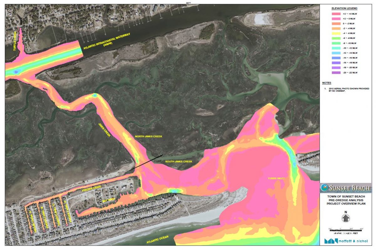 This map shows depths in North and South Jinks Creek in Sunset Beach. Image: Moffat and Nichol 