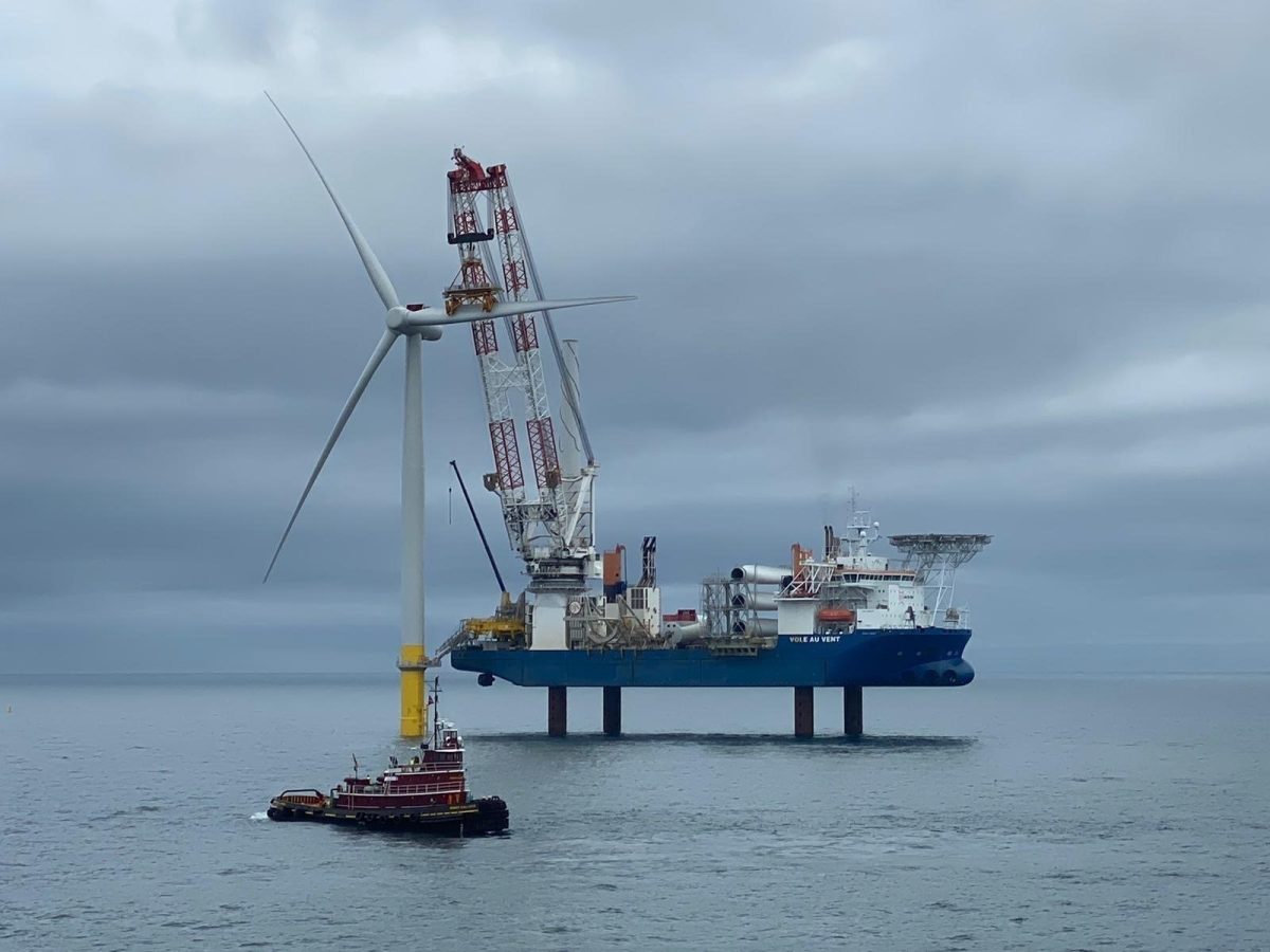 A turbine is shown during construction of the Coastal Virginia Offshore Wind pilot project off Virginia Beach in 2020. Photo: Dominion Energy 