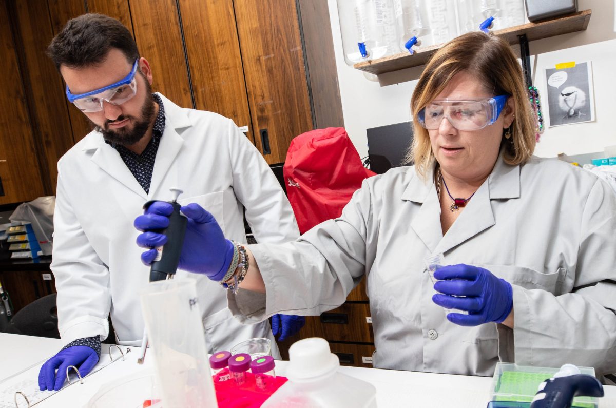 Dr. Jamie DeWitt, right, and Samuel Vance, a biomedical science master’s program student, conduct research into the health effects of PFAS in DeWitt’s lab at East Carolina University’s Brody School of Medicine. Photo: East Carolina University. 