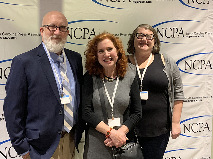 Mark Hibbs, Catherine Kozak and Jennifer Allen were honored at the N.C. Press Association 2020 awards banquet in Raleigh.
