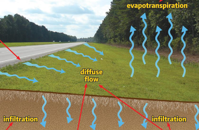 This North Carolina Department of Transportation illustration shows how maximizing the shoulder section of roadways provides numerous benefits, such as reducing runoff volume and improving water quality.