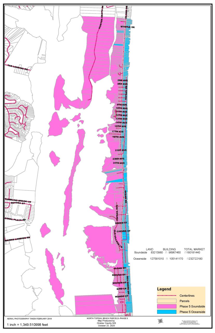 This handout map from the town shows the oceanside and soundside parcels in the proposed Phase 5 service district.