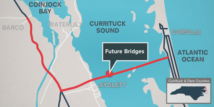The map shows the general location of the proposed mid-Currituck bridge. Image: NCDOT