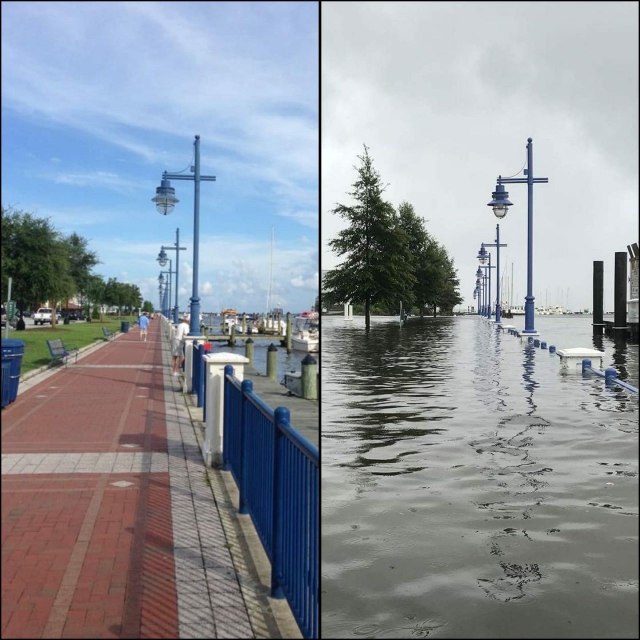 Washington waterfront before flooding, left, and after flooding. Photo: Washington NC