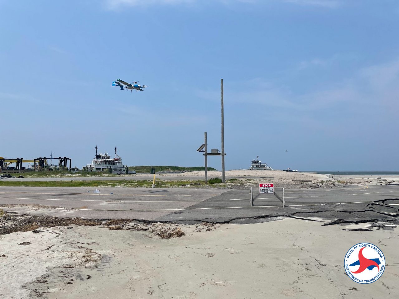 A drone lands in Ocracoke Thursday during a trial delivery. NCDOT