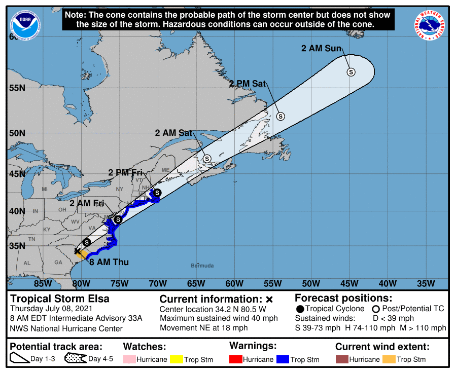 The 8 a.m. Thursday National Hurricane Center advisory for Tropical Storm Elsa.