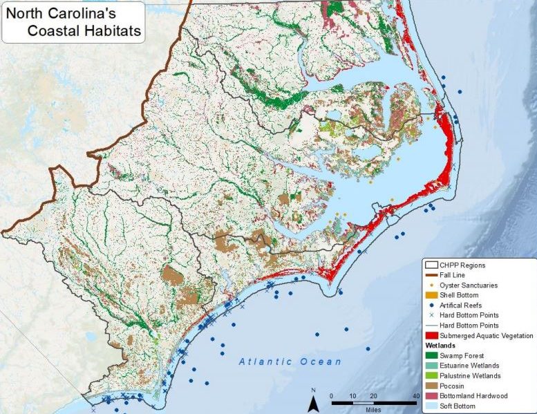 North Carolina’s coastal habitats within the Coastal Habitat Protection Plan regions. Map: 2021 draft amendment 