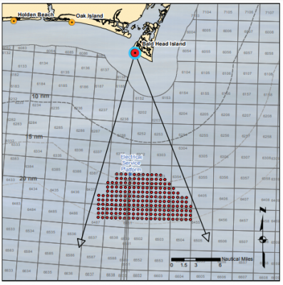 The above photo simulation is based on this diagram's placement of 200 Siemens turbines with a total height to the blade tip of 481 feet at 15 nautical miles offshore. Illustration: BOEM