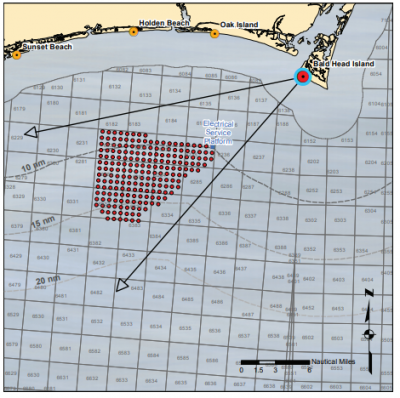 The above photo simulation is based on this diagram's placement of 200 Siemens turbines at 10 nautical miles offshore. Illustration: BOEM