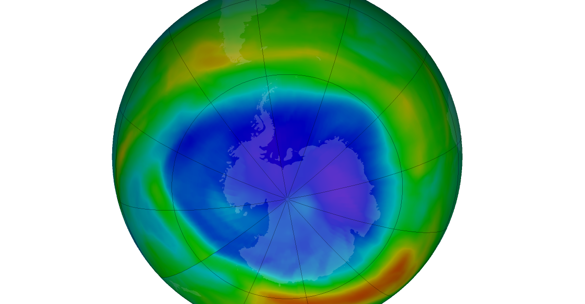 The Sept. 4 false-color view of total ozone over the Antarctic pole shows the least amount of ozone represented by purple and blue colors, with yellows and reds where there is more ozone. Image: NASA