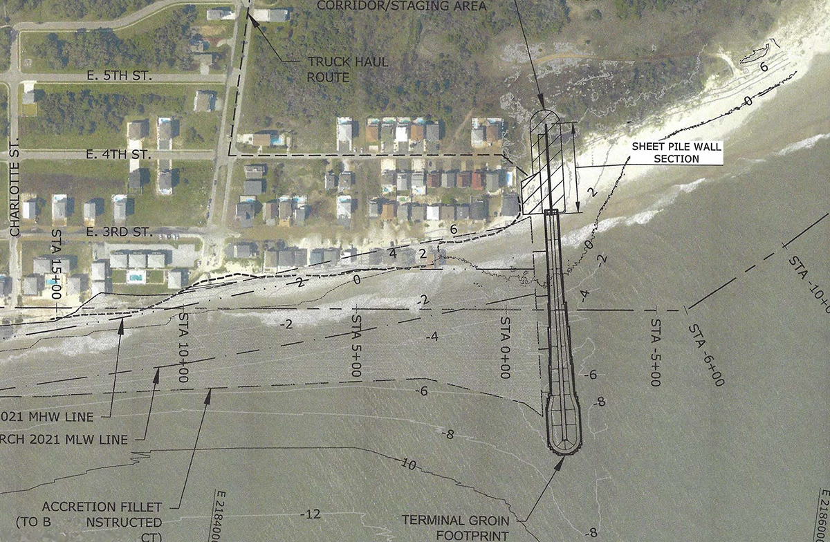Plans for Ocean Isle Beach's terminal groin show the 300-foot sheet-pile wall that anchors the 1,050-foot  structure. Image: Army Corps of Engineers