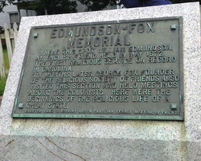This Quaker memorial in Herford identifies where William Edmundson held the first religious service in North Carolina. Photo: Eric Medlin