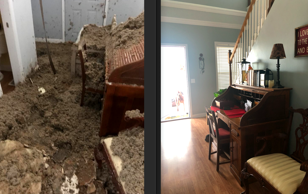 Before and after images show the damage to Greg Dail's North Topsail Beach home from Hurricane Florence, left, and the completed repairs Dail paid for out of pocket and by his insurance company. Photo: Contributed