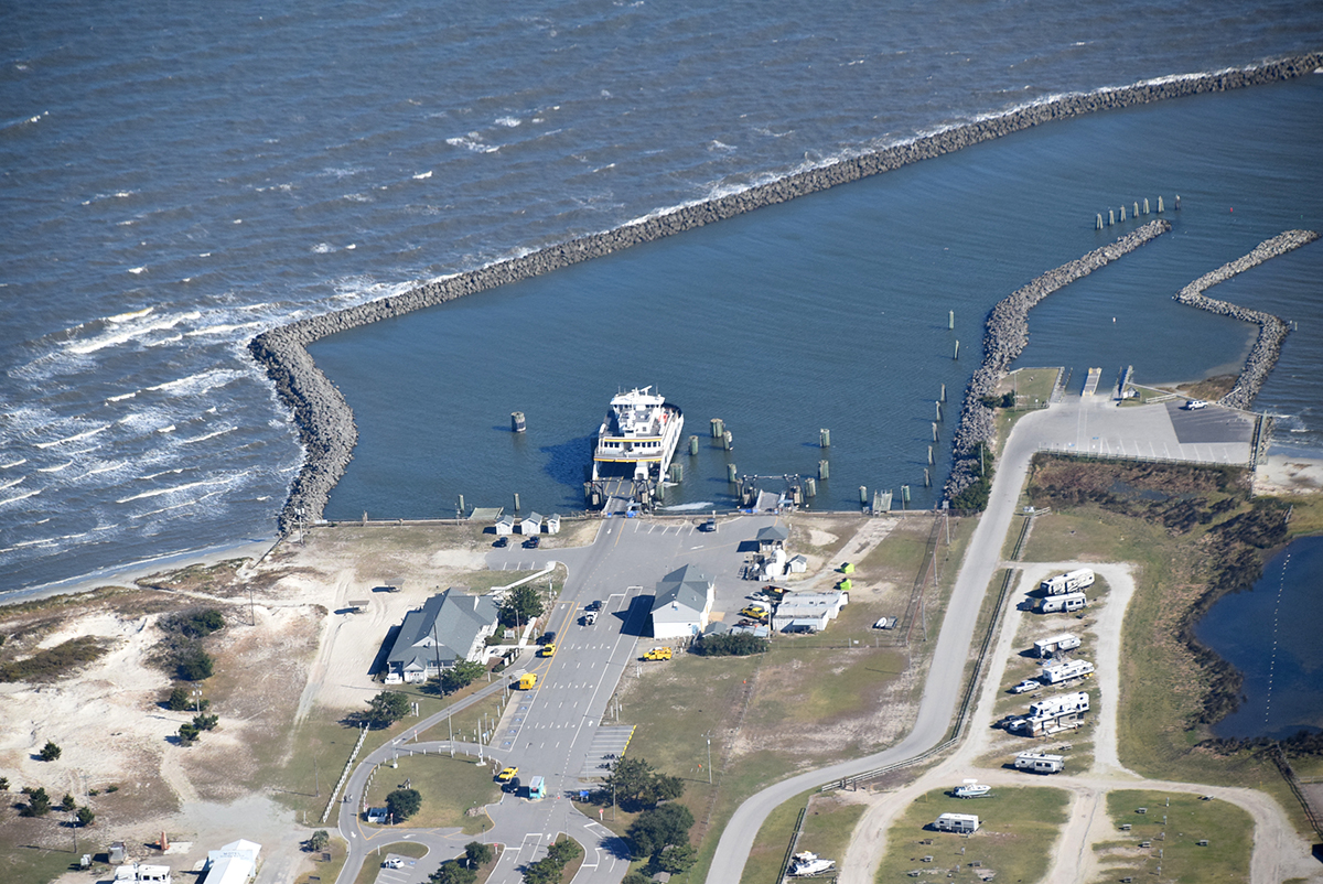 The North Carolina Department of Transportation ferry is moored at Cedar Island Monday when runs were suspended because of conditions associated with the low-pressure system. Photo: Mark Hibbs/Southwings