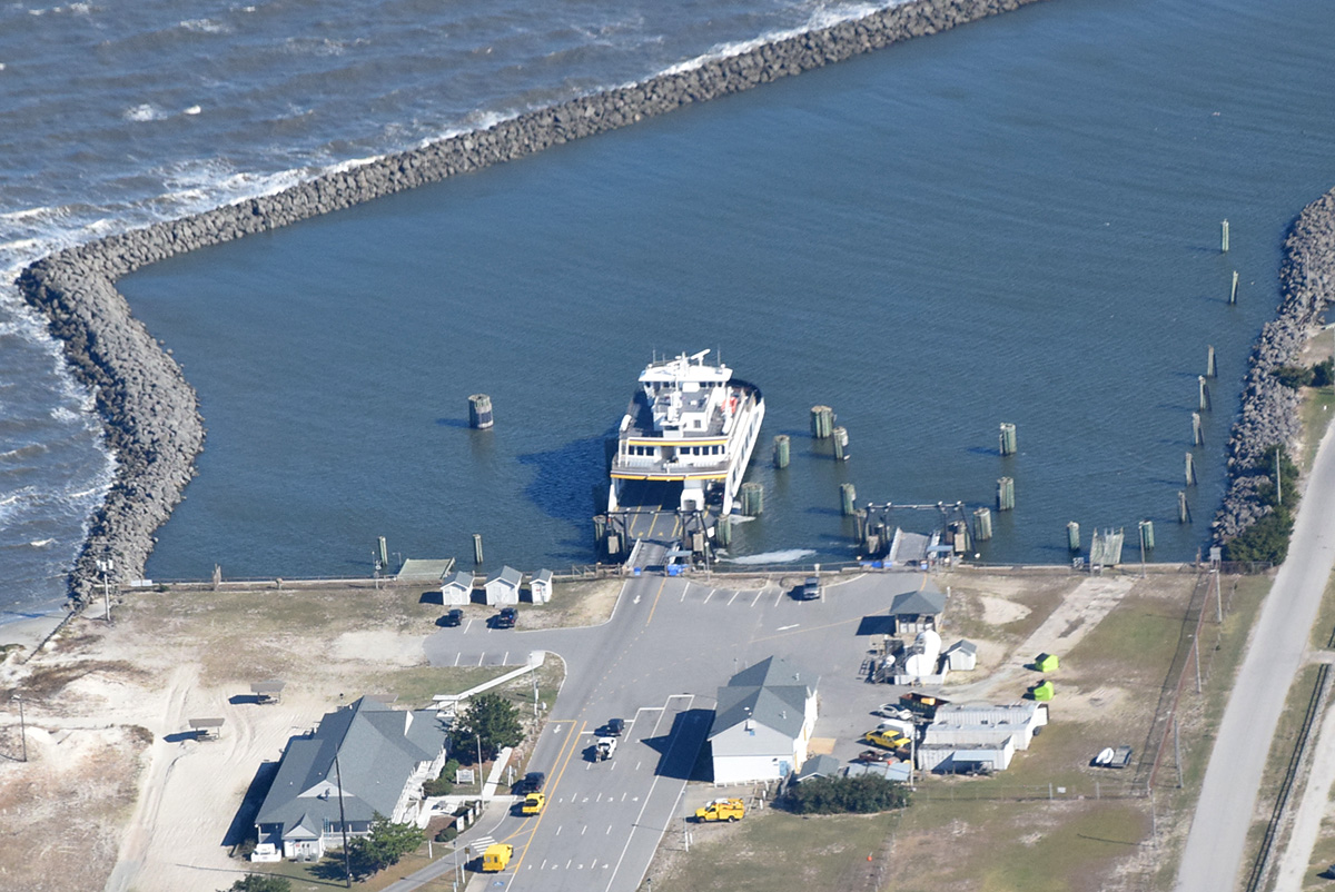 Aerial view of the Cedar Island ferry terminal in Carteret County. Photo: Mark Hibbs