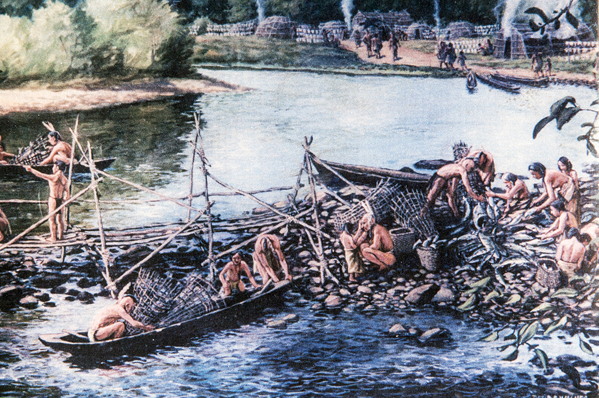 Native Americans are depicted working a fish weir 1,000 years ago, as envisioned by historical artist David R. Wagner. 