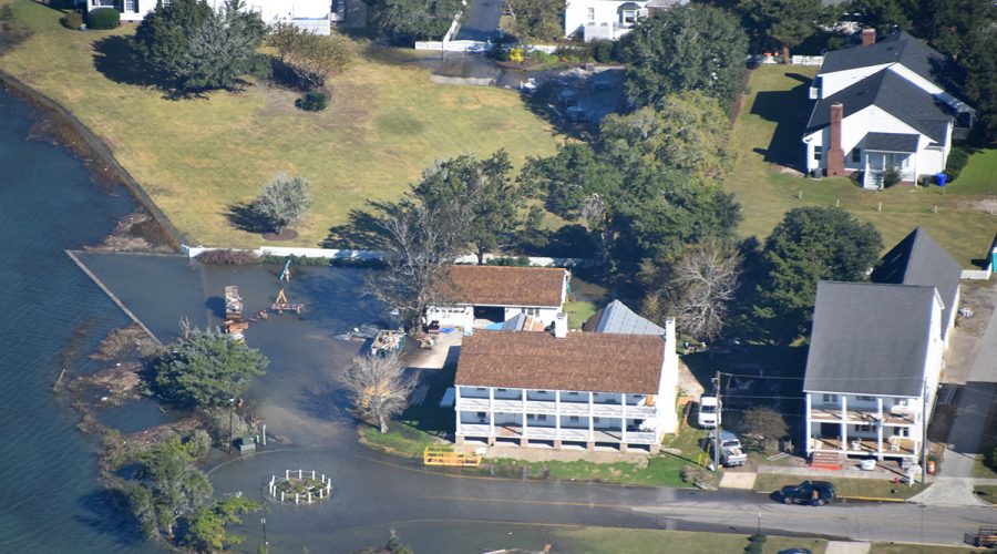The roundabout at the west end of Front Street in Beaufort is inundated Nov. 8, 2021, during the most recent king tide. Photo: Mark Hibbs/Southwings
