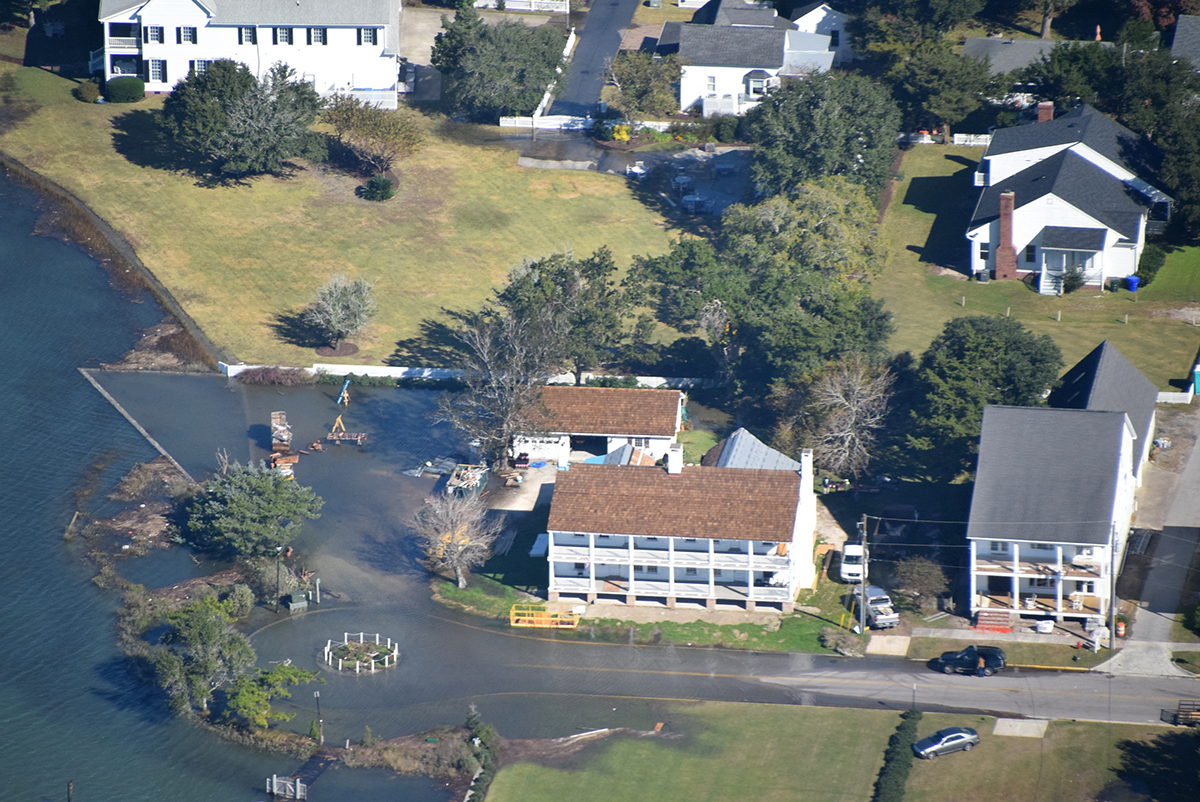 The roundabout at the west end of Front Street in Beaufort is inundated Nov. 8 during a king tide. Photo: Mark Hibbs/Southwings