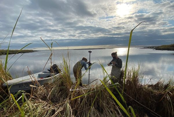 Field work to support preliminary design of marsh restoration projects in Currituck Sound. Photo: Cat Bowler, National Audubon Society