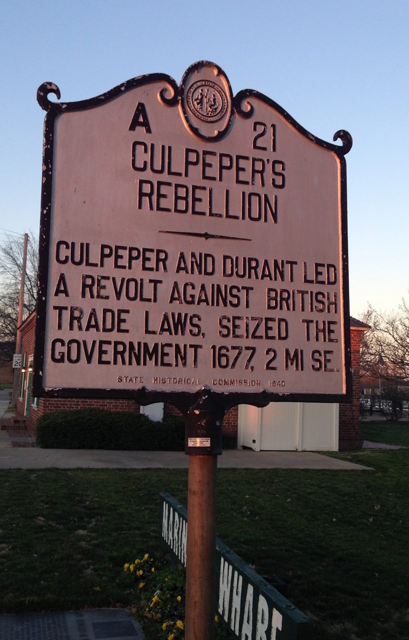 A state historic marker notes the site of Culpepper's Rebellion. Photo: Eric Medlin