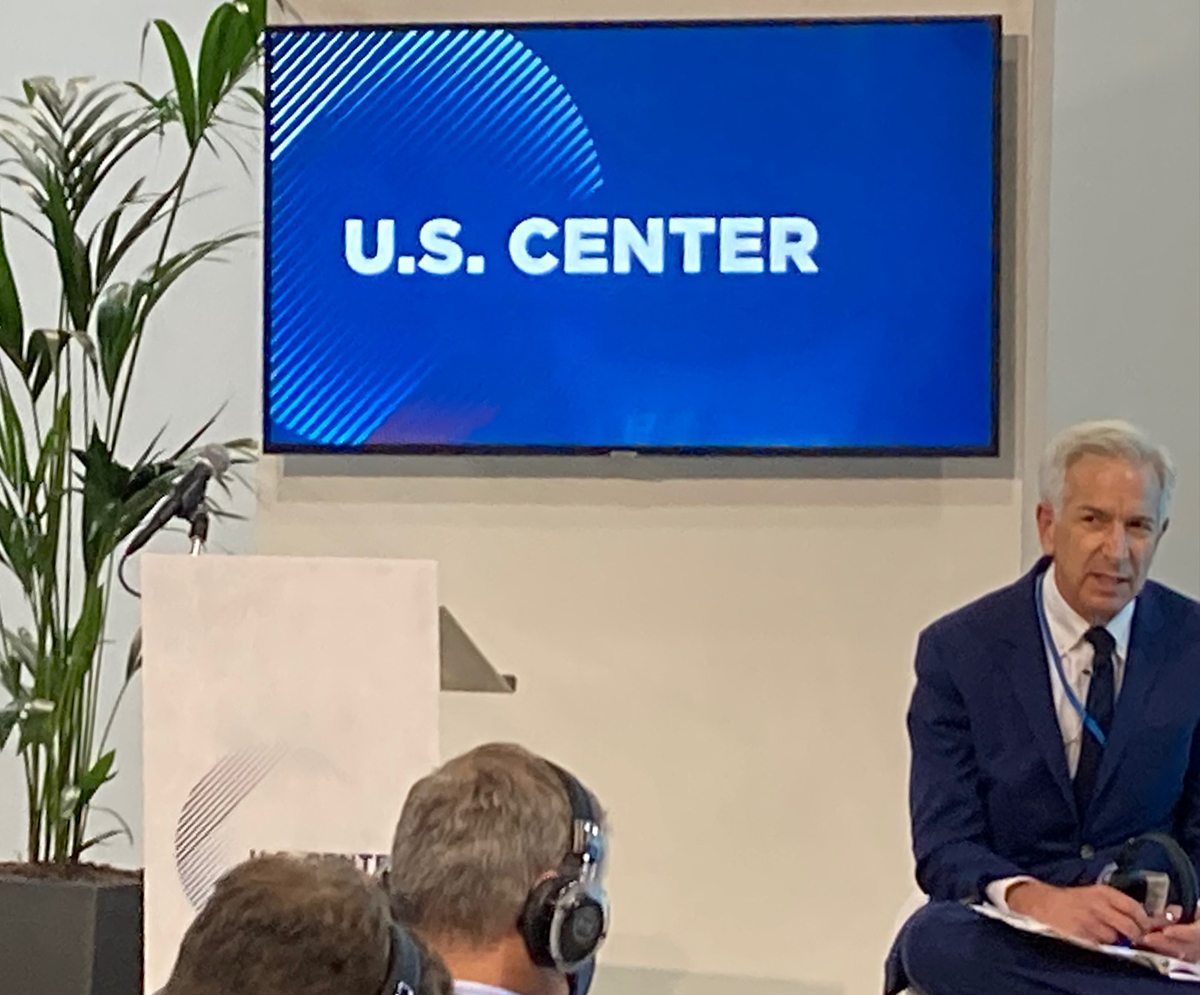 Fred Krupp, president of the nonprofit Environmental Defense Fund, speaks at the “Methane Moment” pavilion at the climate summit. Photo: Catherine Kozak