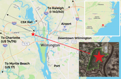 The Multistate Trust property, outlined in green in the map inset at lower right, includes most of the Kerr-McGee Chemical Corp.–Navassa Superfund Site. Illustration: Multistate Trust