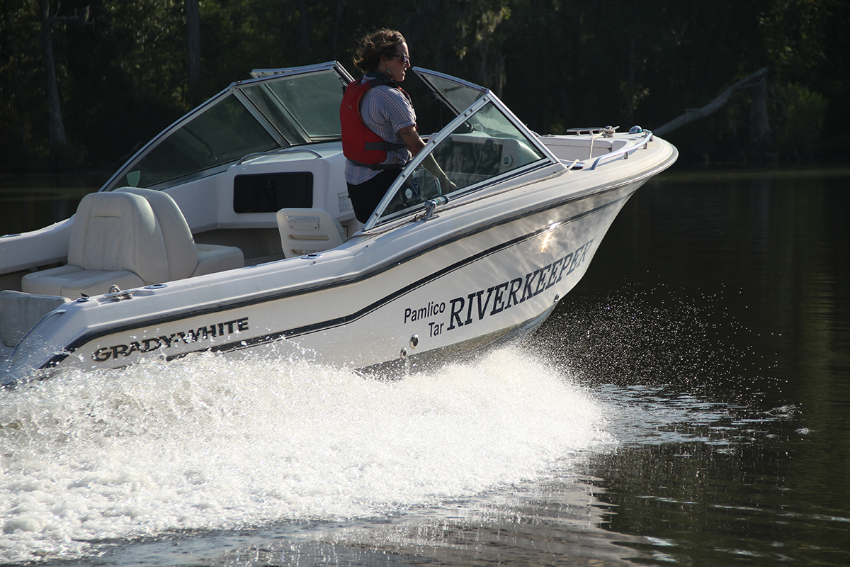 Pamlico-Tar Riverkeeper Jill Howell patrols the Tar River during shooting for the short film, “A Sound River,” that premiered Nov. 30. Photo: Sound Rivers