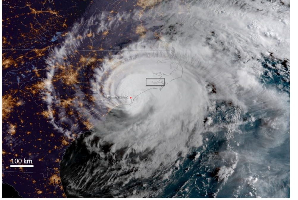 National Oceanic and Atmospheric Administration Satellite image of Hurricane Florence shortly after landfall. Study area shown in the box.