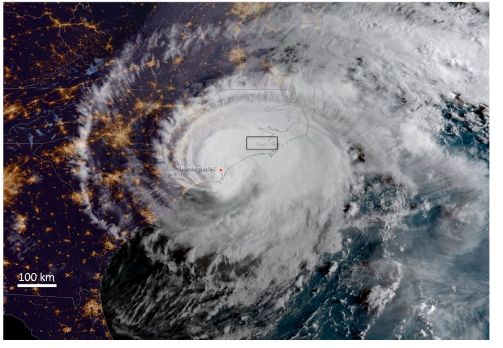 National Oceanic and Atmospheric Administration Satellite image of Hurricane Florence shortly after landfall. Study area shown in the box.