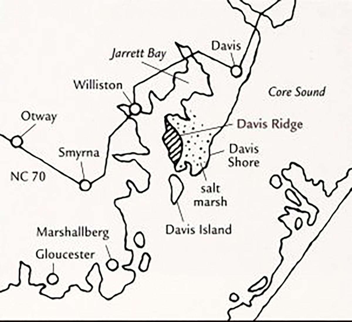 Map showing Davis Ridge, Davis Island, Core Sound and nearby parts of the Down East section of Carteret County. The town of Beaufort is not on this map, but is located 5 1/2 miles west of Gloucester. Courtesy of Coastwatch