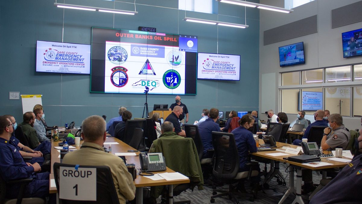 Last week, Dare County Emergency Management hosted a regional oil spill preparedness and response training exercise at the Dare County Emergency Operations Center in Manteo. Photo: Dare County