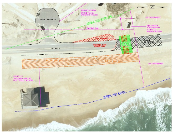 The turnaround, shown in red, and the perpendicular sandbag structure, shown as a green rectangle to the right of the proposed turnaround area, are indicated in this NCDOT graphic.