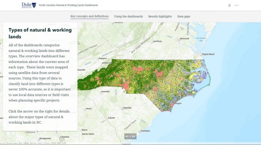 A screenshot from the North Carolina Natural & Working Lands Dashboards storymap that introduces new users to the concepts and terms explains key functions for the dashboards.