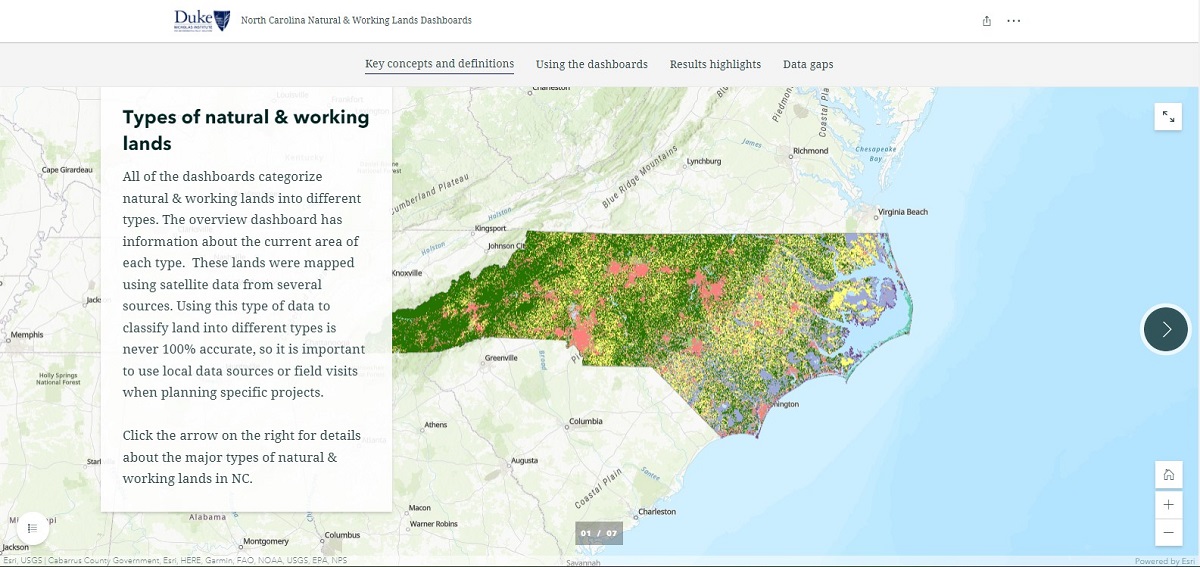 A screenshot from the North Carolina Natural & Working Lands Dashboards storymap that introduces new users to the concepts and terms explains key functions for the dashboards.