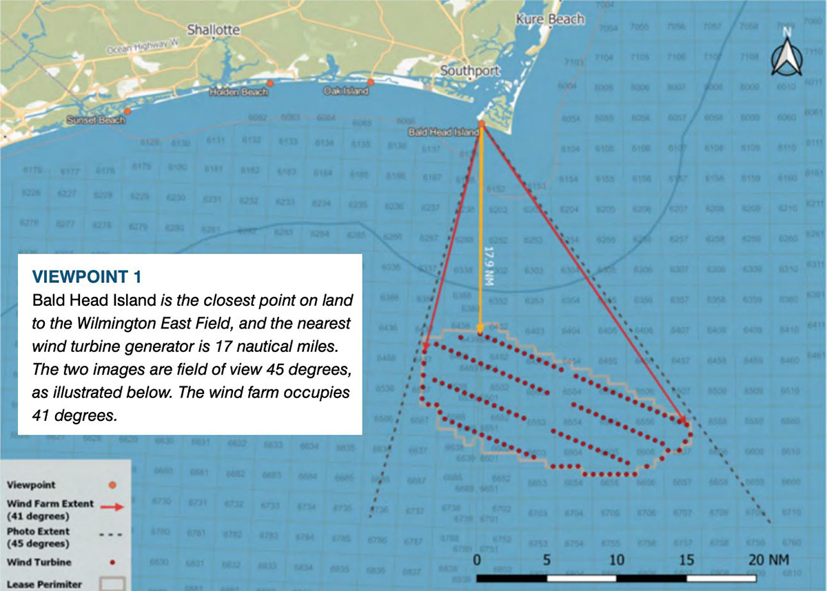 A map showing one of the viewpoints depicted in the visualizations presented during the open house in Southport hosted by Offshore Wind for North Carolina. 