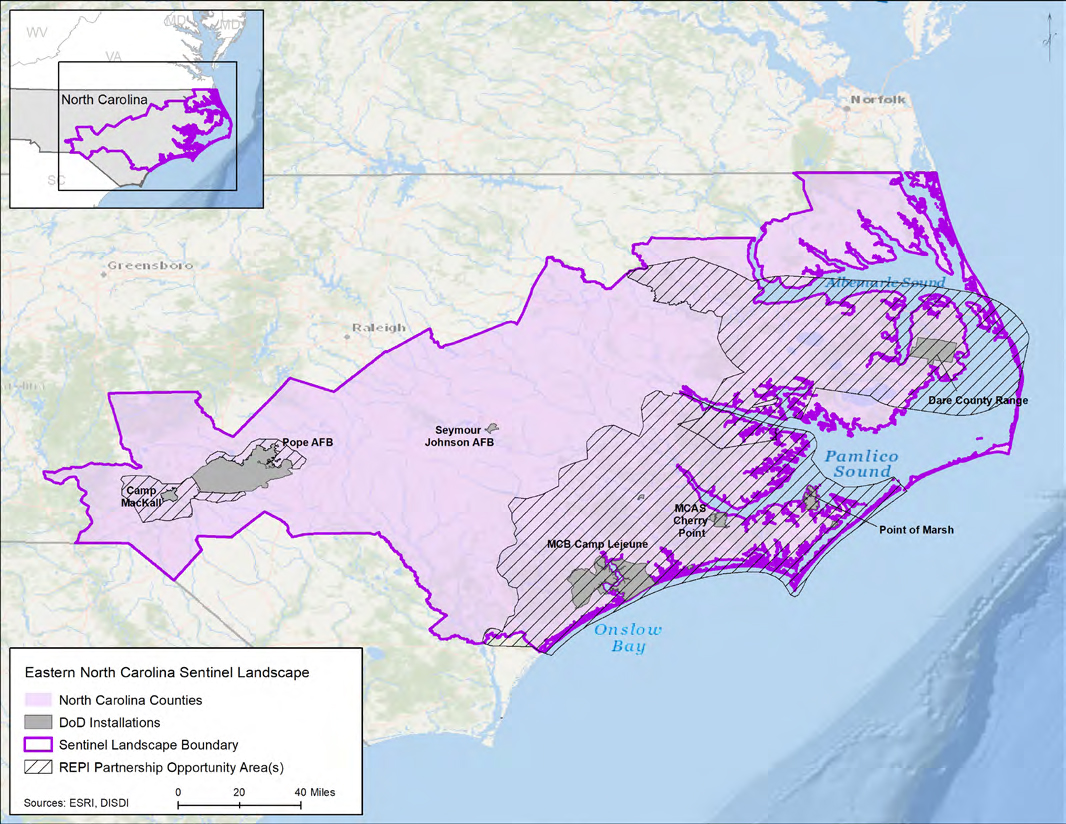 Eastern North Carolina Sentinel Landscape includes 11 million acres across a 33-county region in the coastal plain and sandhills.  Map: Sentinel Landscape Partnership