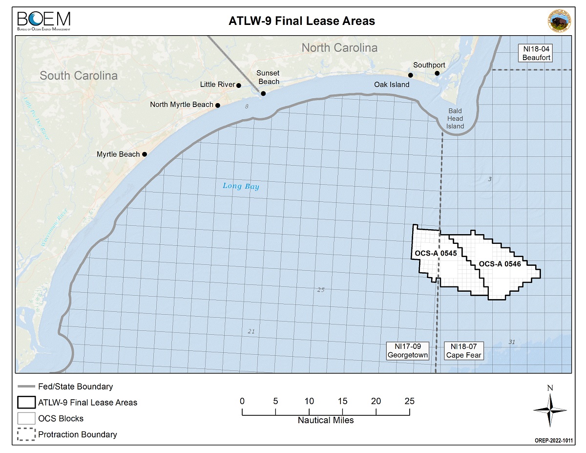 The Bureau of Ocean Energy Management is set to hold an online auction for the two leases on May 11. Map: BOEM