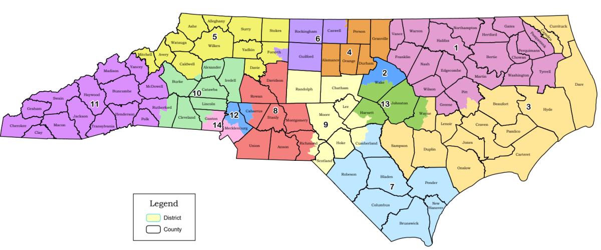 The North Carolina congressional district map for the 2022 elections, which the state Supreme Court approved after finding that legislators created maps with unconstitutional gerrymandering. Image courtesy of the N.C. State Board of Elections.