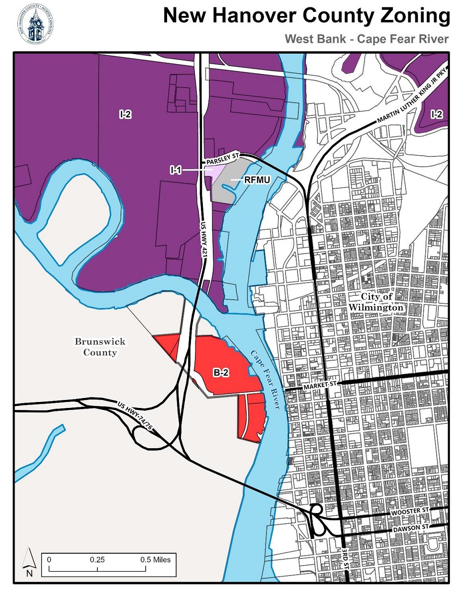 Parcels on Eagles Island are currently zoned B-2, Regional Commercial, and on the North Shore I-2, Heavy Industrial.  Map;  New County of Hanover